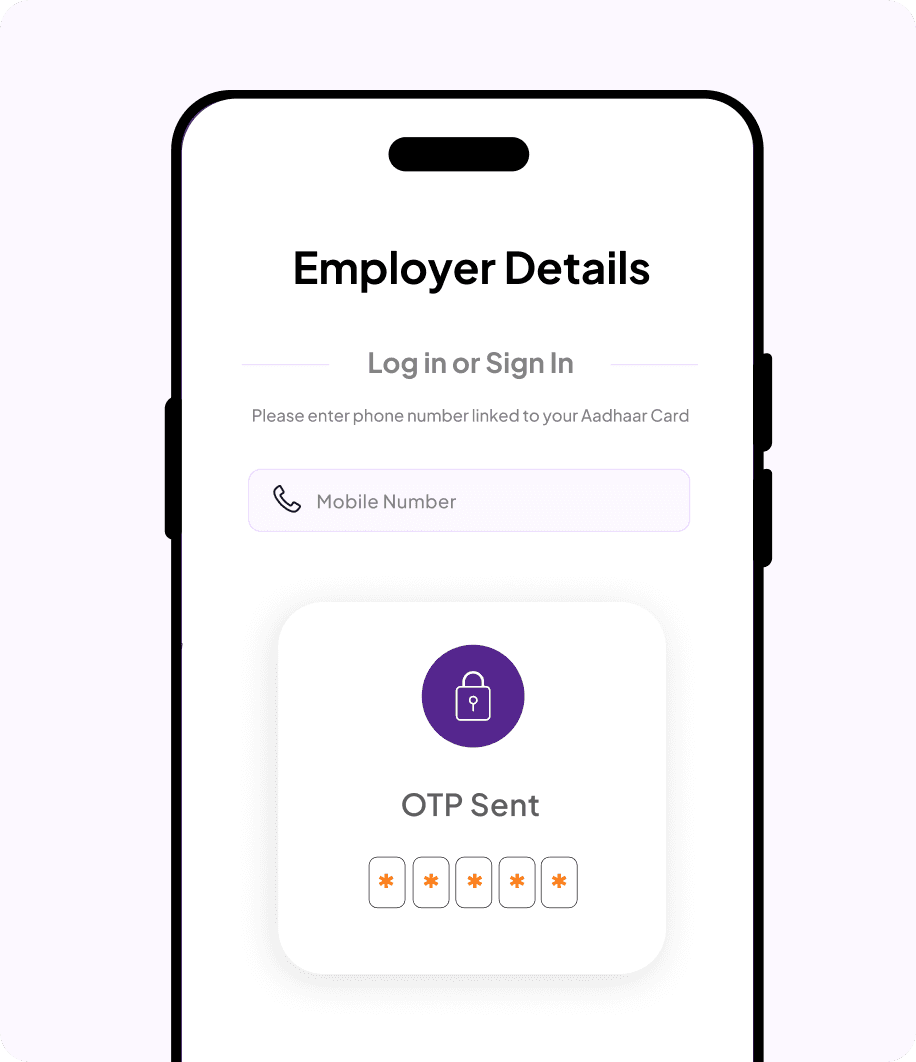 Employer login page displaying mobile number input and OTP verification step.