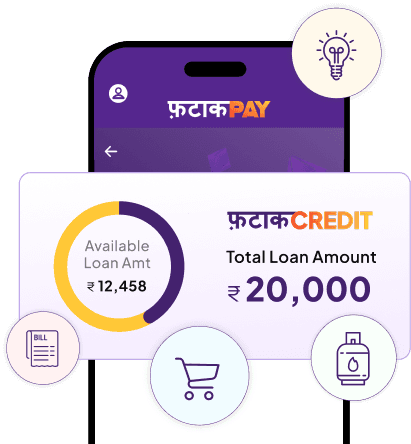 FatakPay app loan journey showing available and total credit limits with bill, cart, and gas icons.