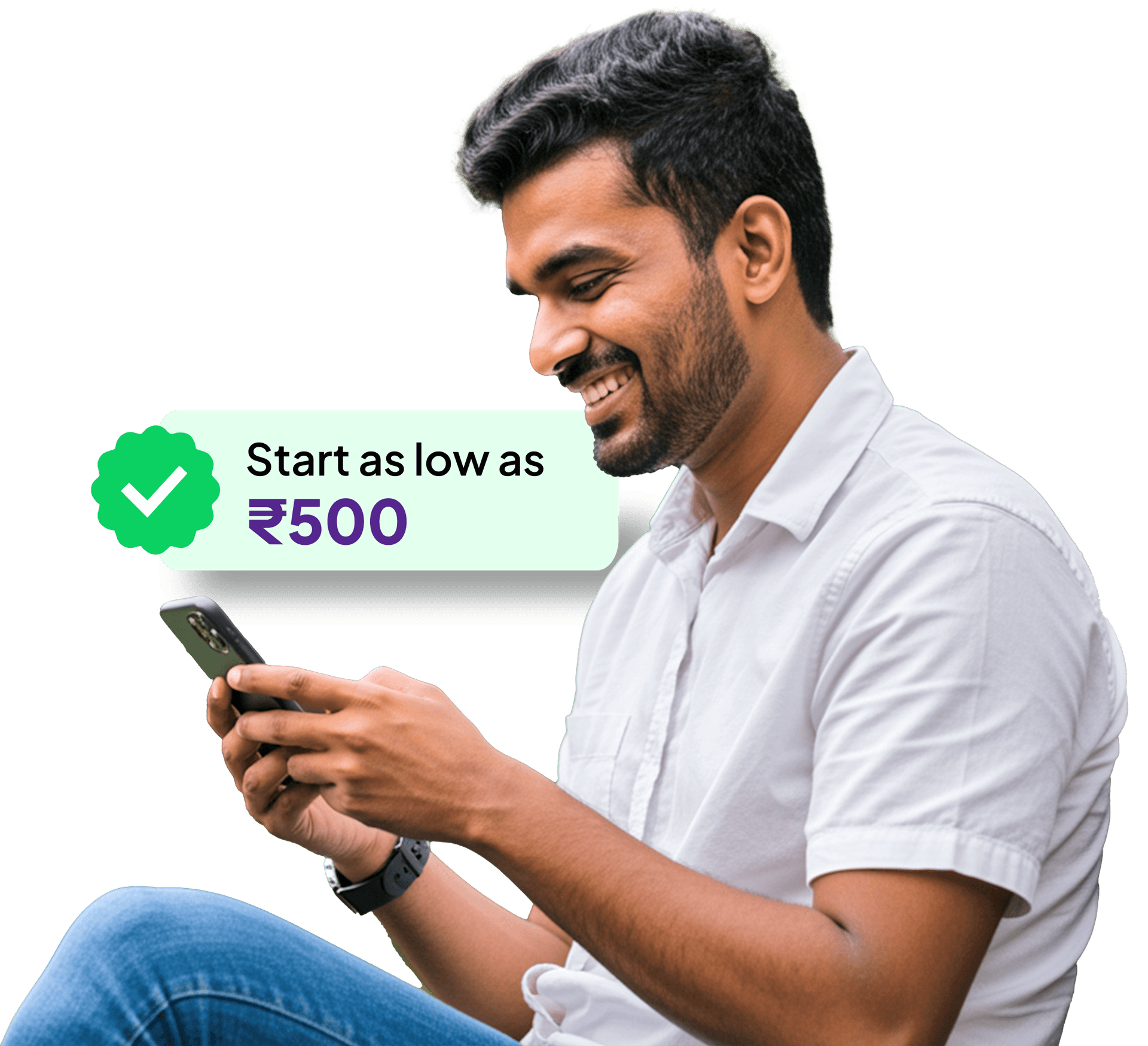 Man checking mutual fund investment options on his phone, starting from ₹500.