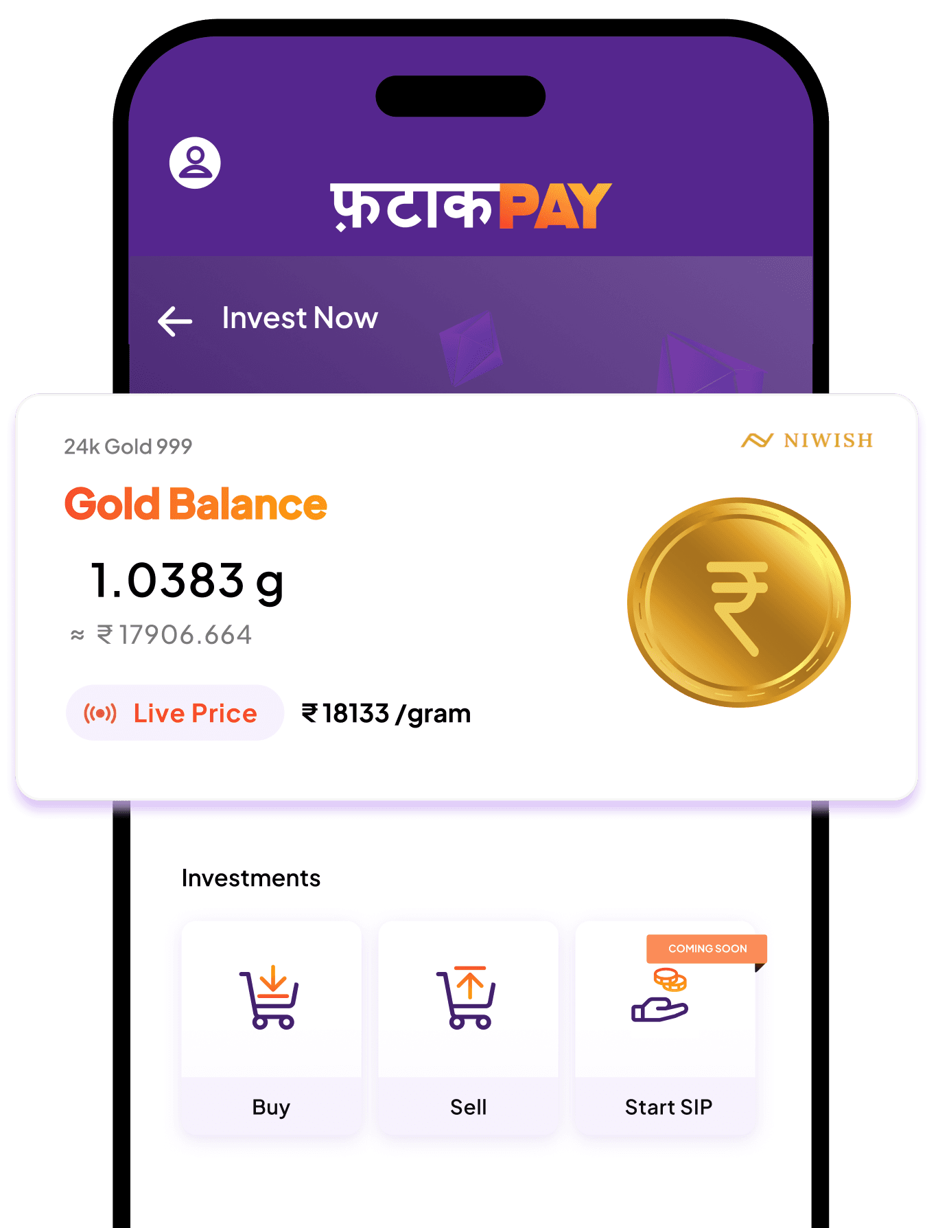 FatakPay app screen showing digital gold balance, live price, and buy, sell, and start SIP options.