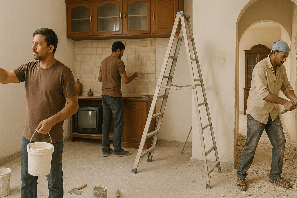 Three men work on a living room renovation, using a ladder and a bucket for home improvement tasks.