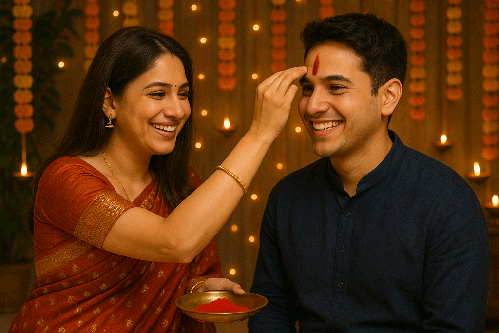 Bhai Dooj celebration with sister applying tika on brother’s forehead.