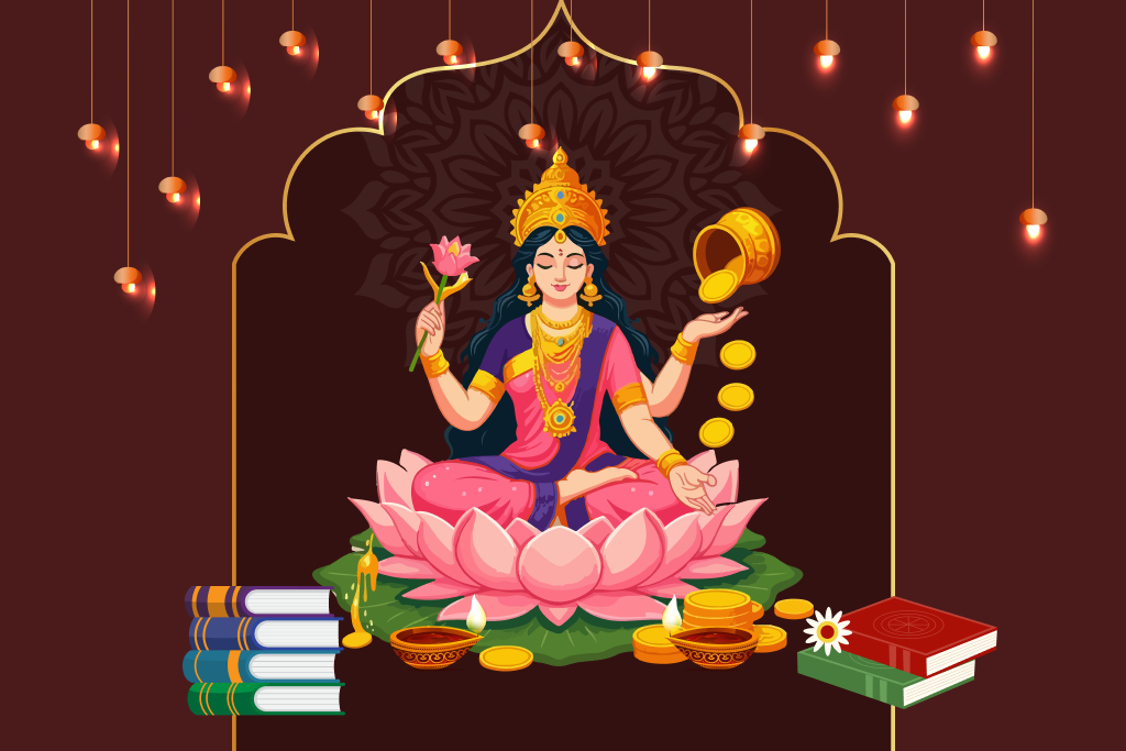 Goddess Lakshmi in lotus position, surrounded by gold coins and books symbolizing wealth.