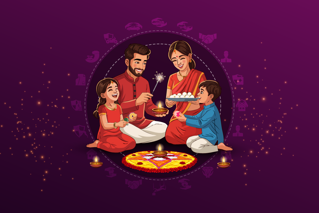Family celebrating Diwali joyfully, promoting safety with FatakSecure for secure celebrations.