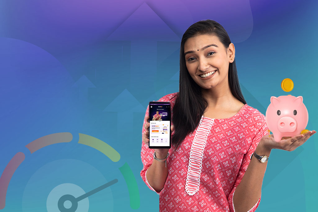 Smiling woman holding a phone and piggy bank, symbolising financial independence and credit growth.