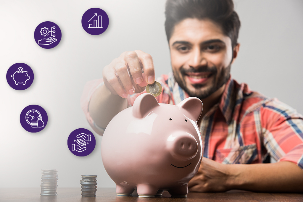 Smiling man saving money in piggy bank with finance icons showing habits for better financial health.