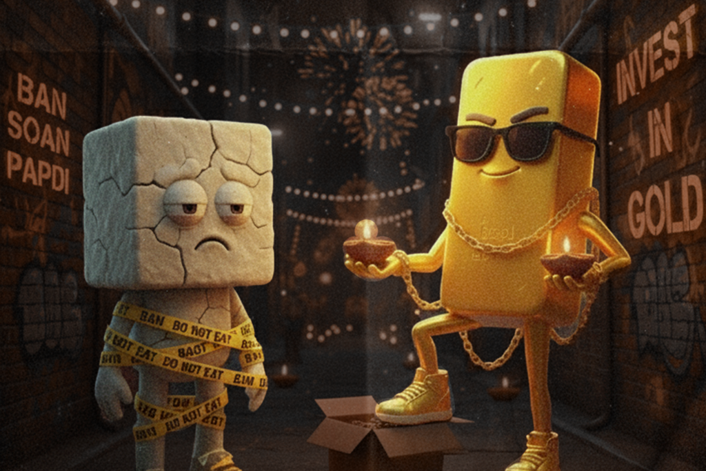Two cartoon characters encouraging digital gold investment instead of traditonal sweets soan papdi.
