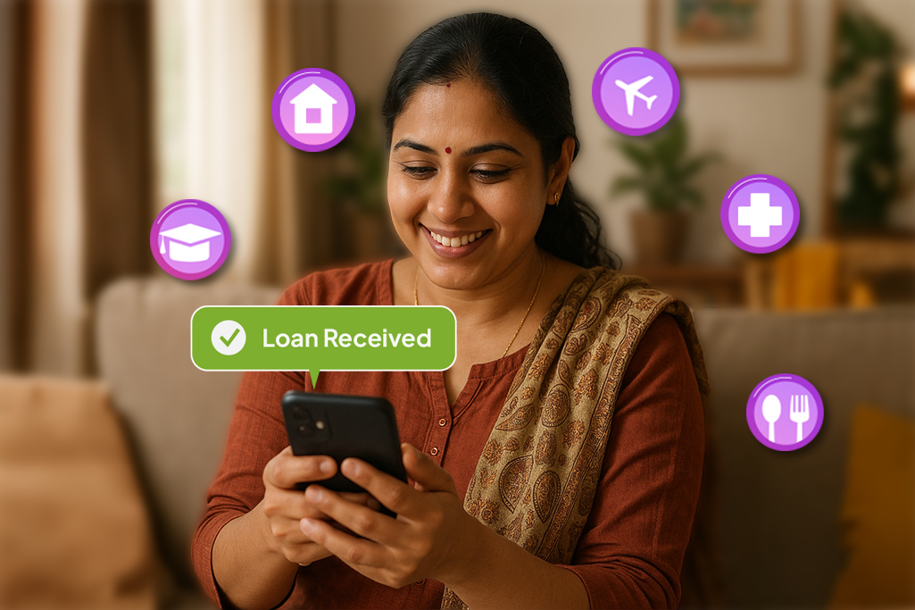 Smiling woman receiving instant personal loan on FatakPay app for education, travel, or wellness.