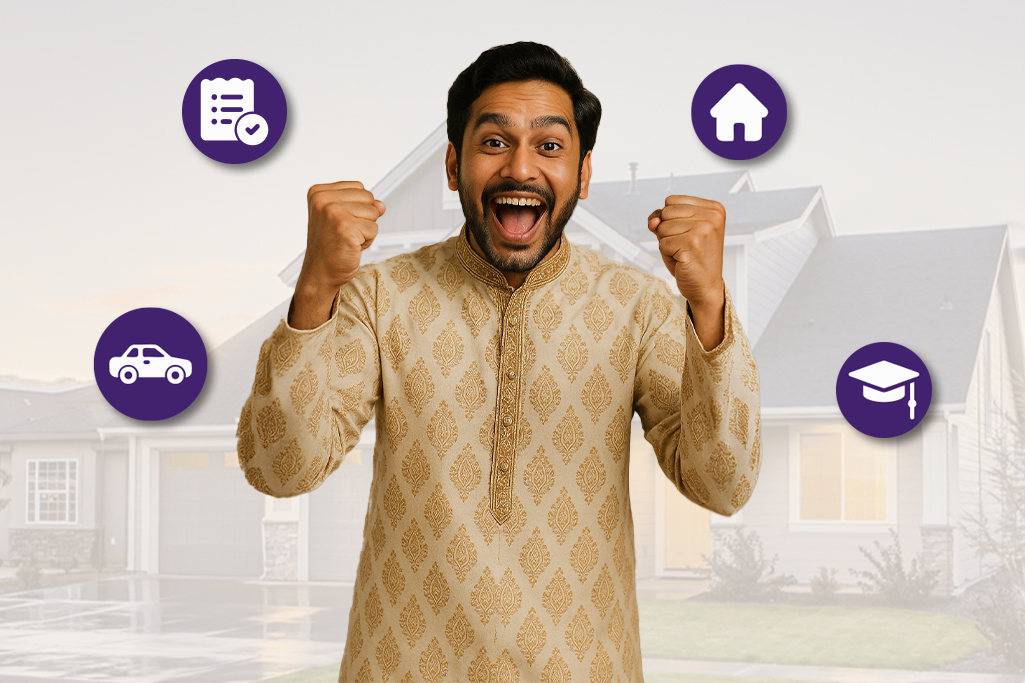Excited man celebrating instant personal loan approval on FatakPay during festive season.