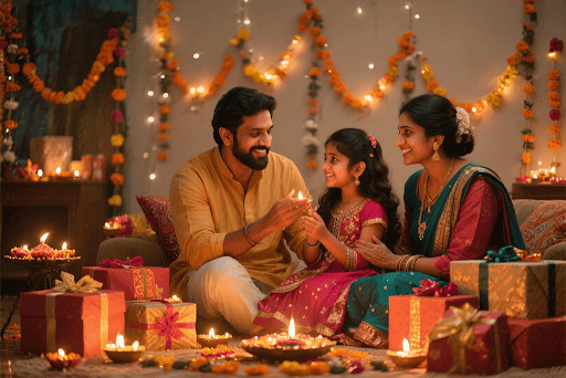 A joyful family celebrating Diwali, illuminated by festive lights symbolizing unity and happiness.