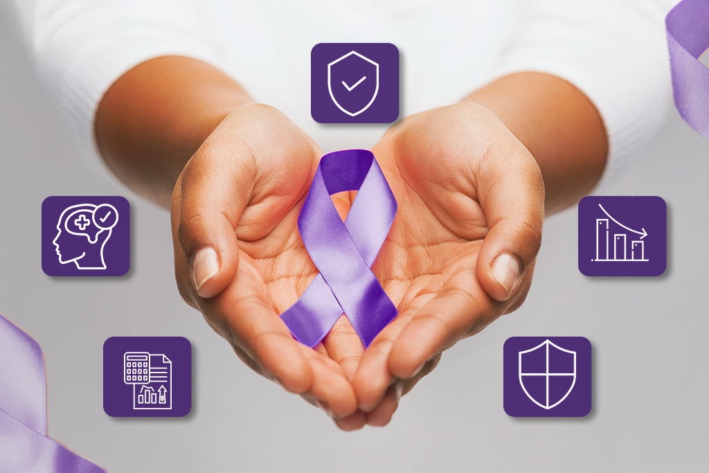 Hands holding purple ribbon showing cancer awareness and protection with FatakSecure Cancer Protect.